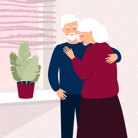 An elderly man and an aged woman love each other. The elderly care about each other. The husband hugs his wife. Colorful vector illustration.のイラスト素材