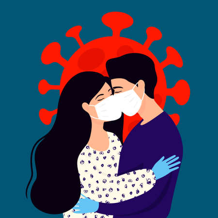 Lovers man and woman in masks and gloves. Kiss, hugs, support during isolation. Concept of coronavirus quarantine (2019-nCoV).のイラスト素材