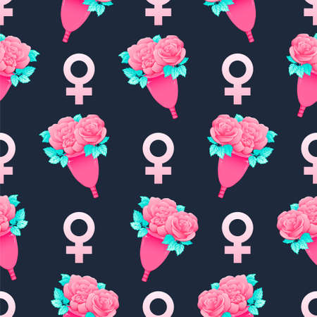 Bright gradient seamless pattern menstrual cup. Hygiene product for women. Abstract vector illustration.のイラスト素材