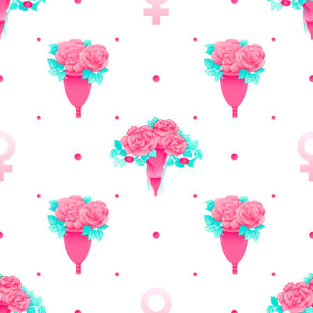 Menstrual cup seamless pattern. Bright, juicy vector illustration of the menstrual cycle. Woman symbol, abstract symbol drop of blood.のイラスト素材
