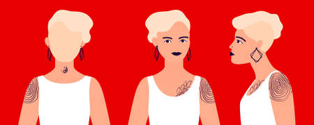 Woman from different angles. Front, side, rear view. Profile of a young girl with piercings and tattoos. Vector illustration on an isolated background.のイラスト素材