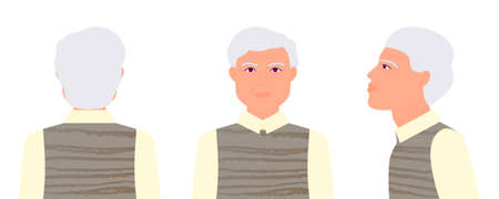 A man aged from different angles. Front, side, rear view. Profile for an older person. Vector illustration on an isolated white background.のイラスト素材