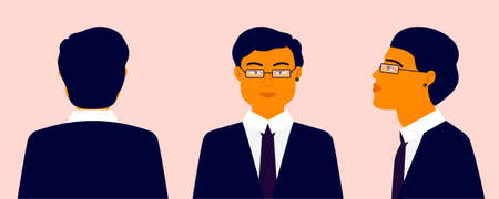 Man from different angles. Front, side, rear view. Profile asian boy. Vector illustration on an isolated background.のイラスト素材
