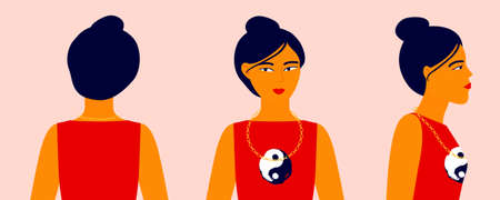 Woman from different angles. Front, side, rear view. Profile asian girl. Vector illustration on an isolated background.のイラスト素材
