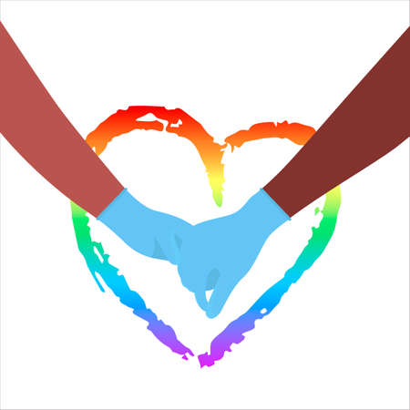 Colorful rainbow color heart. Two african american holding hands in medical gloves.のイラスト素材
