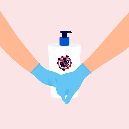 Hygiene product. Sanitizer bottle for hand disinfection. Colorful blue coronavirus background. Concept of coronavirus quarantine 2019-nCoV.のイラスト素材