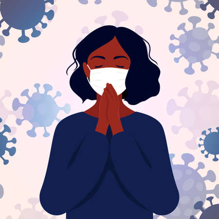 The girl folded her hands in prayer. Concept of coronavirus quarantine 2019-nCoV. Vector trendy minimal style.のイラスト素材