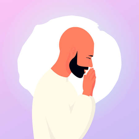 Male folded her hands in prayer. Profile muslim man. Vector trendy minimal style. Colorful contrasting illustration.のイラスト素材