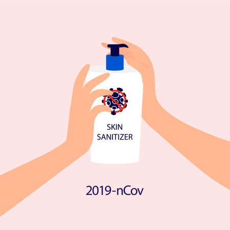 Hygiene product. Sanitizer bottle for hand disinfection. Colorful blue coronavirus background. Concept of coronavirus quarantine 2019-nCoV.のイラスト素材