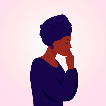 The girl folded her hands in prayer. Profile African female. Vector trendy minimal style. Illustration on an isolated background.のイラスト素材
