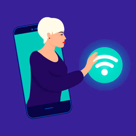 An elderly woman connects to a wifi network to use the Internet. An aged woman is trained to use modern technology. Social distance during a pandemic.のイラスト素材