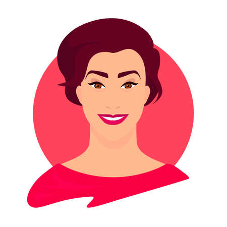 Social media avatar profile a woman. Happy woman is smiling. Colorful red concept. Vector trendy minimal style. Illustration on an isolated background.のイラスト素材