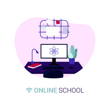 Organization of the workplace. Distance learning in online school concept of coronavirus 2019-nCoV. Colorful vector illustration.のイラスト素材