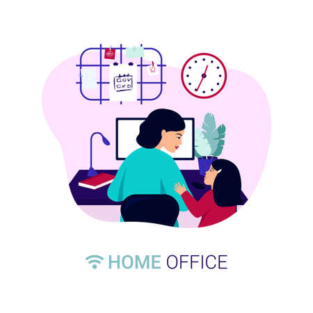Mom works remotely at home with her baby. Organization of the workplace. Work at home concept of coronavirus 2019-nCoV.のイラスト素材