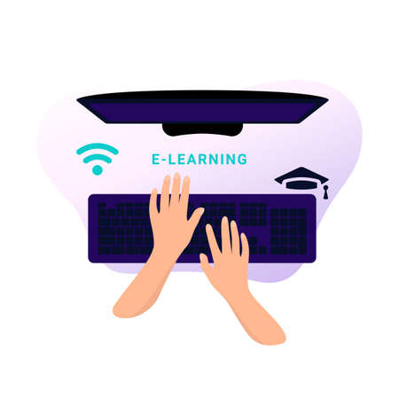Hands are typing a message on the keyboard. Mock up computer. Distance learning in online school concept of coronavirus 2019-nCoV. Colorful vector illustration.のイラスト素材