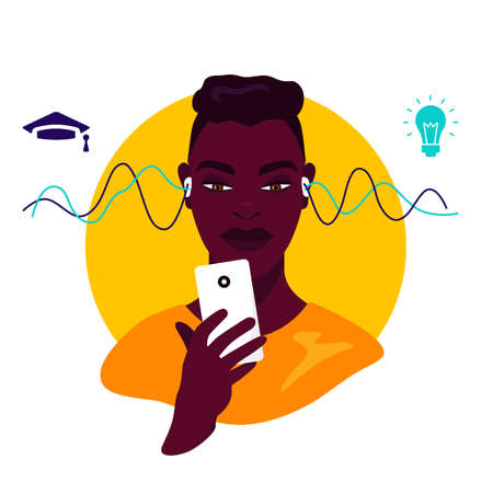 African american teenager study online using smartphone. Distance learning in online school concept of coronavirus 2019-nCoV. Colorful vector illustration.のイラスト素材
