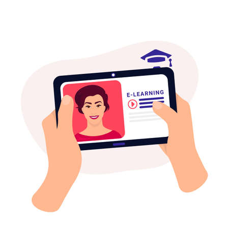 The student received a new lesson from the teacher. Learn online using your tablet. Distance learning in online school concept of coronavirus 2019-nCoV. Colorful vector illustration.のイラスト素材