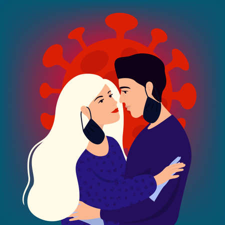 Lovers hug each other concept of coronavirus 2019-nCoV. The end of the pandemic. Opening borders. Reducing social distance. End of quarantine.のイラスト素材