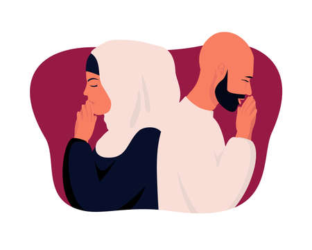 Man and woman clasped hands in prayer. Quarantined time at home. Colorful vector illustration concept of coronavirus 2019-nCoV.のイラスト素材