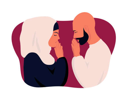 Man and woman clasped hands in prayer. Quarantined time at home. Colorful vector illustration concept of coronavirus 2019-nCoV.のイラスト素材