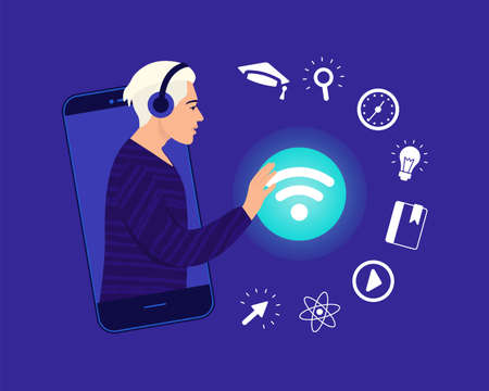 Teenager connects to the wi-fi network for online training. Icon set e-learning. Distance learning in online school concept of coronavirus 2019-nCoV. Colorful vector illustration.のイラスト素材