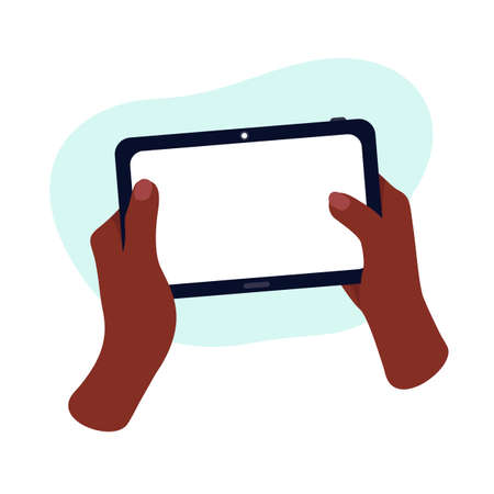 African hands are holding a gadget. Mock up tablet. communication and e-learning technologies.のイラスト素材