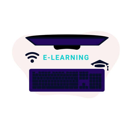Mock up computer. Distance learning in online school concept of coronavirus 2019-nCoV. Colorful...