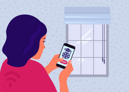 A student in distance e-learning at an online school. The girl in headphones holds the phone in his hand. Colorful vector illustration concept of coronavirus 2019-nCoV.のイラスト素材