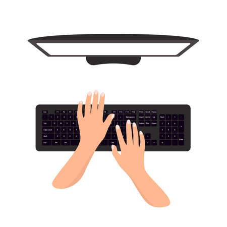 Hands typing on the keyboard. Mock up computer. Distance learning in online school. Communication and e-learning technologies.のイラスト素材