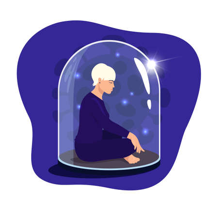 Woman sitting in lotus position with eyes closed under a glass dome. Communications of people in the period of quarantine and isolation. Social distance. Colorful vector blue concept.のイラスト素材
