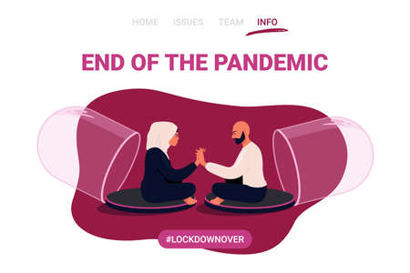 Arab woman and a man hold hands, look into each other's eyes. The couple support each other. Banner for social media website. Reducing social distance. Concept of coronavirus quarantine 2019-nCoV.のイラスト素材