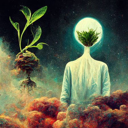 Ecology concept with man and green plant in the shape of a human headの素材