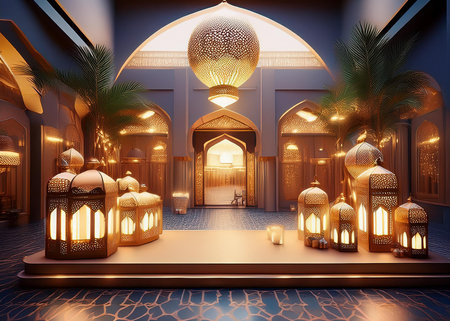 3d rendering of ramadan kareem lanterns in mosqueの写真素材