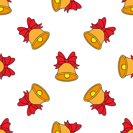 Winter seamless pattern with jingle bells. Christmas template with red bows and ribbons on white isolated background.のイラスト素材