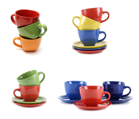 empty coffee cups on white backgroundの写真素材