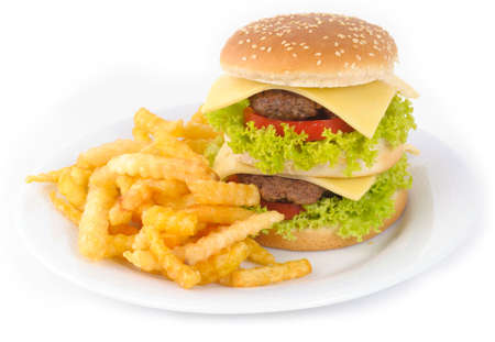Tasty hamburger with potatoes  isolated on white backgroundの写真素材