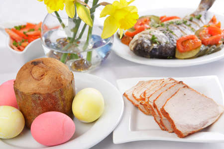 Easter dinner with russian Easter cakeの写真素材