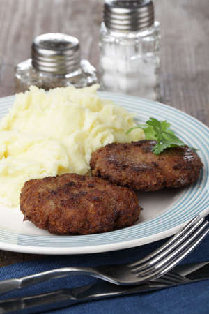 Two meat patties with mashed potatoの写真素材