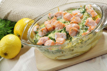 Salmon quiche in glass casseroleの写真素材
