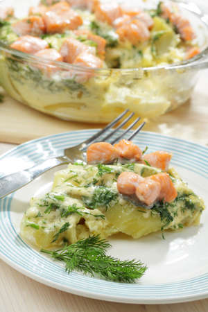 Salmon quiche portion in a plateの写真素材