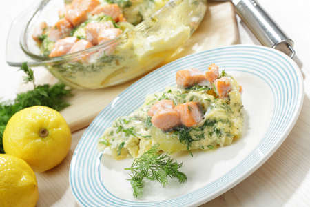 Salmon quiche portion in a plateの写真素材