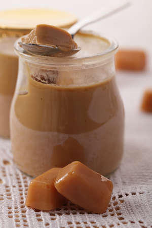Jar with toffee yogurt closeupの写真素材