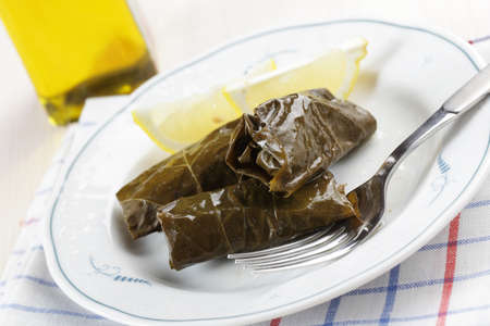 Sarma, the grape leaf roll with minced meat on white plate