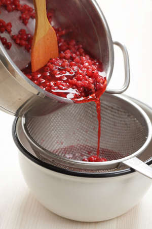 Sieving red currant berries for jellyの写真素材