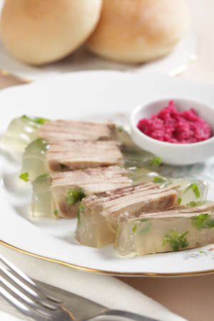 Beef tongue in aspic with horseradish on white plate closeupの写真素材