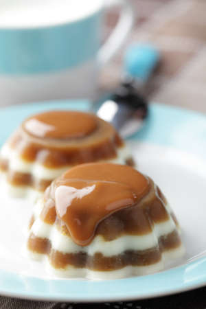 Coffee and milk gelatin dessert with caramel sauceの写真素材