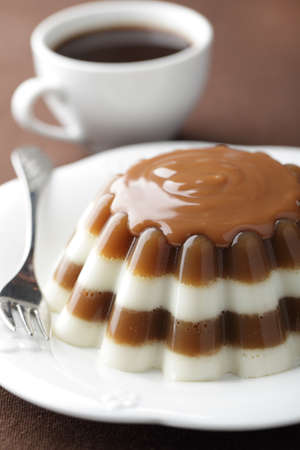 Coffee and milk gelatin dessert with caramel sauceの写真素材