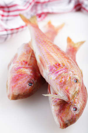 Three raw goatfishes on the table before cookingの写真素材