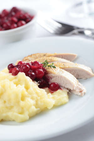 Hazel Grouse meat with mashed potato and cranberry sauceの写真素材