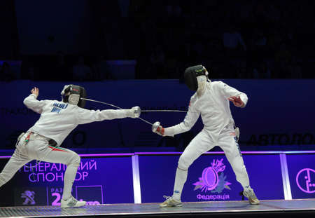 KIEV, UKRAINE - APRIL 14, 2012: Fight between Andras Redli, Hungary, and Diego Confalonieri, Italy...
